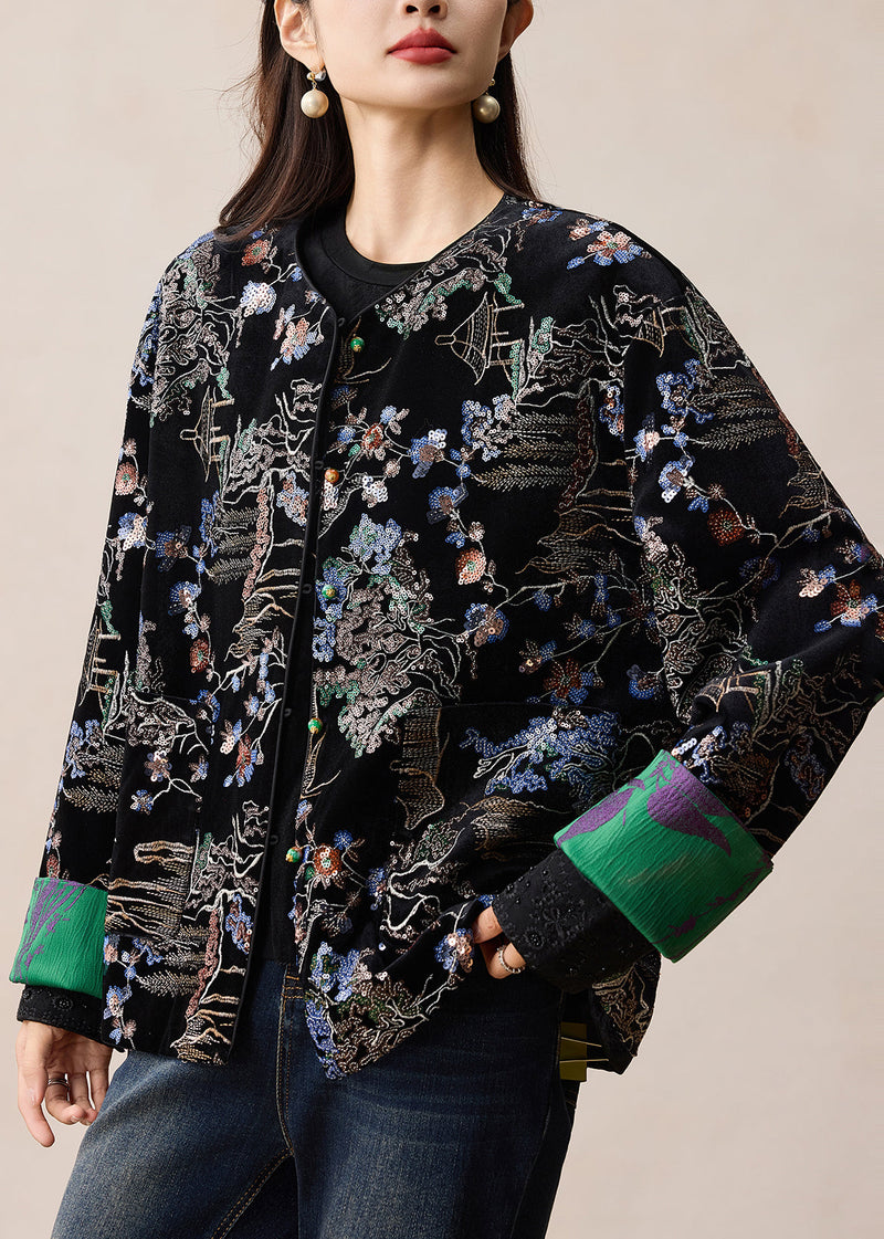 Black Embroidered Sequins Silk Velvet Coats Winter