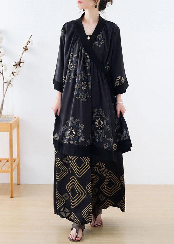 Natural Black Geometric Tie Waist Top Wide Leg Two Piece Suit Set
