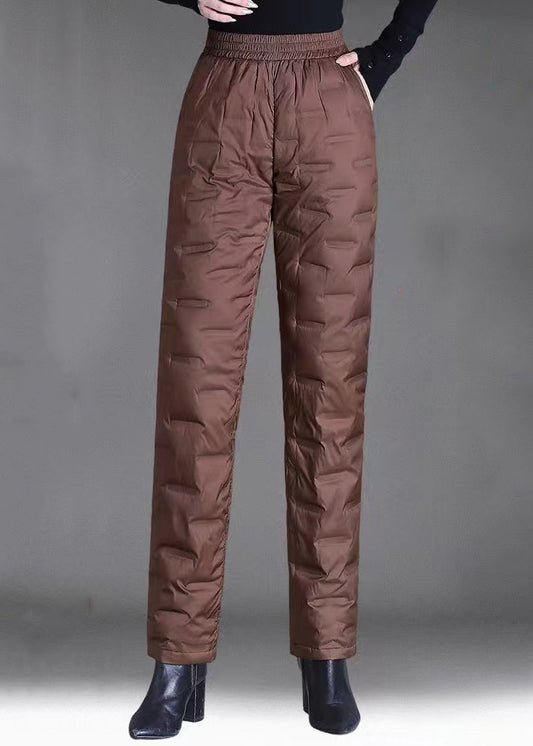 Brown Pockets Elastic Waist Duck Down Filled Pants Winter