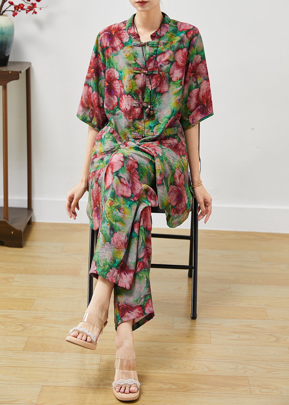 Red Chinese Button Linen Two Pieces Set Summer
