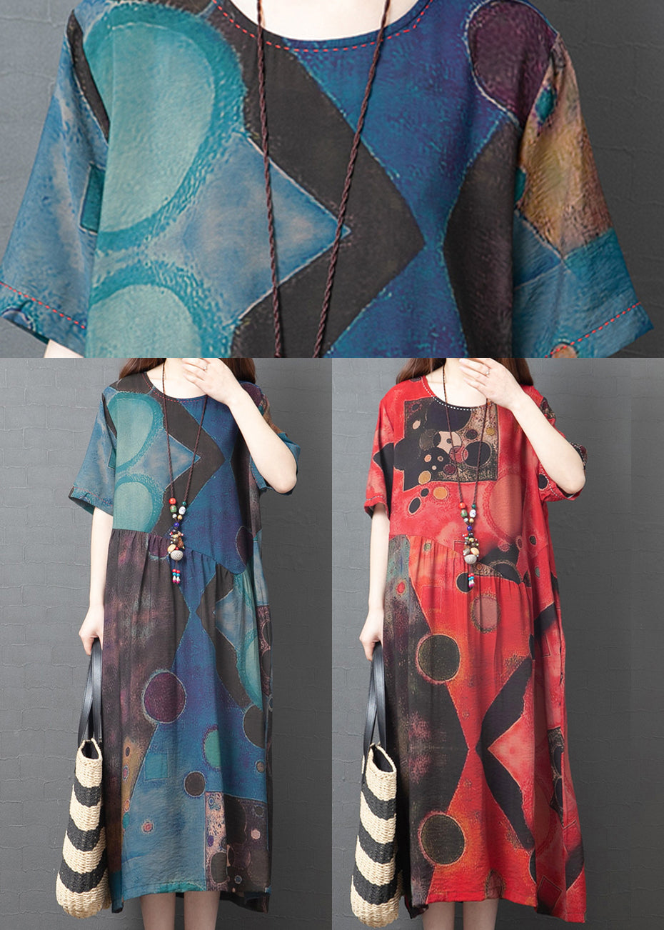 Blue Cotton Long Dresses Asymmetrical Design Short Sleeve