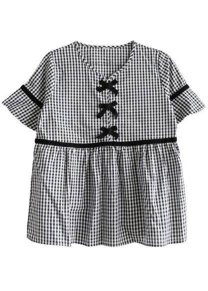 French Black White Plaid V Neck Summer Cotton Top Short Sleeve