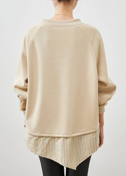 Khaki Asymmetrical Patchwork Cotton Sweatshirts Top Spring