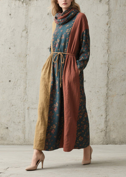 Colorblock Cinched Print Cotton Robe Dresses Fall