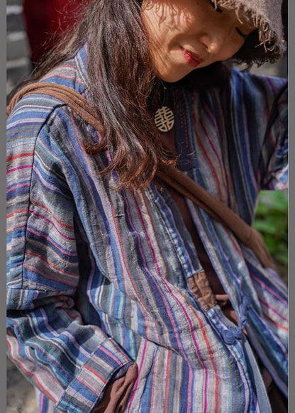 Blue Striped Retro Button Fall Shirt Top