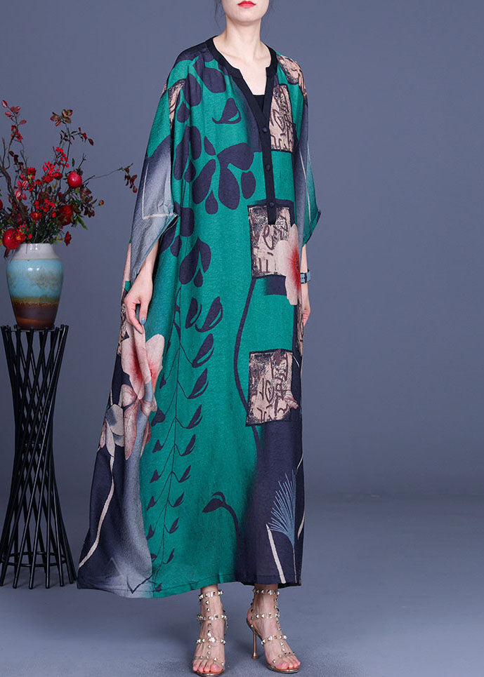 Green Button Print Fall Half Sleeve Dress