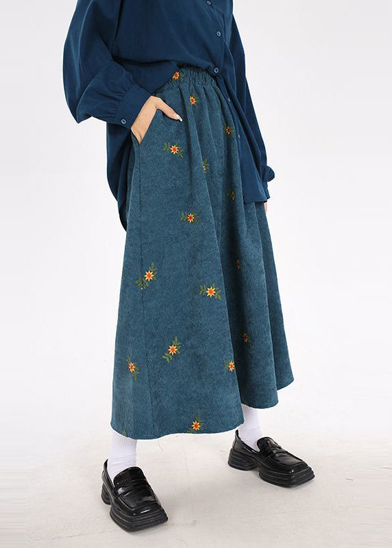 Peacock Blue Embroidered Corduroy Skirts Spring