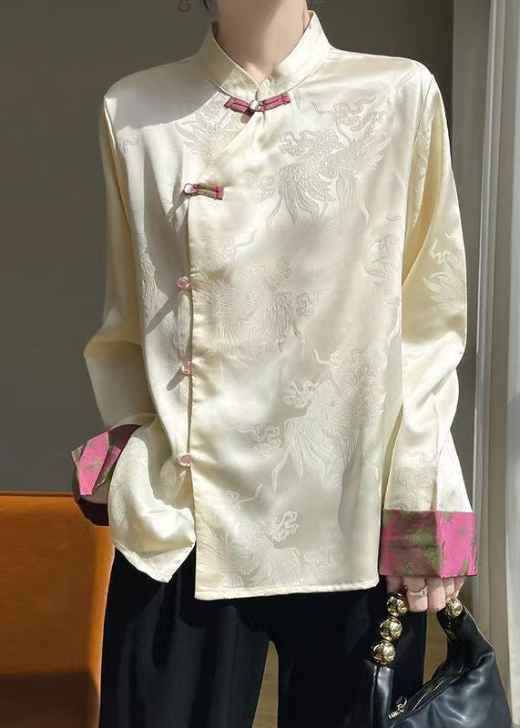 Champagne Stand Collar Button Silk Shirts Fall
