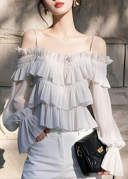 Light Grey Ruffled Chiffon Spaghetti Strap Blouse Flare Sleeve