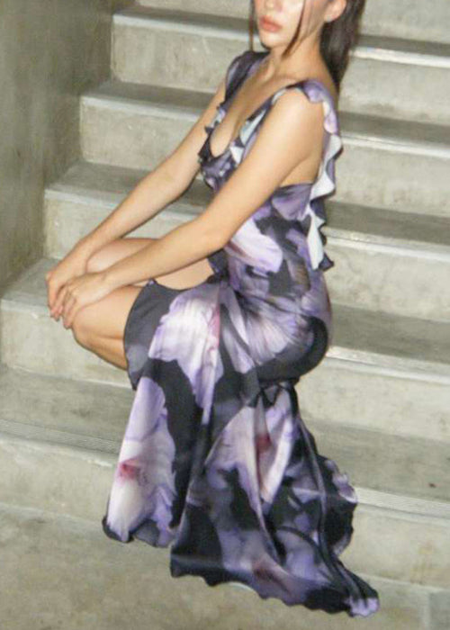 Purple Asymmetrical Ruffled Cotton Long Dress Sleeveless