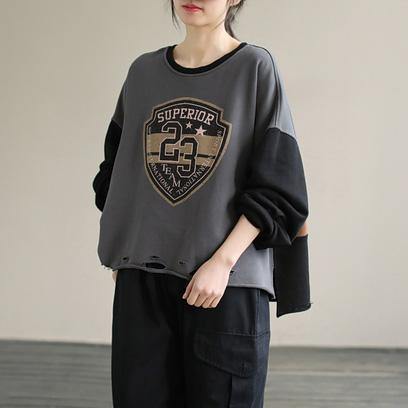 Gray Alphabet Prints Cotton Tunics for Patchwork Daily Spring Top