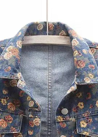 Boutique Blue Peter Pan Collar Print Denim Coats Fall