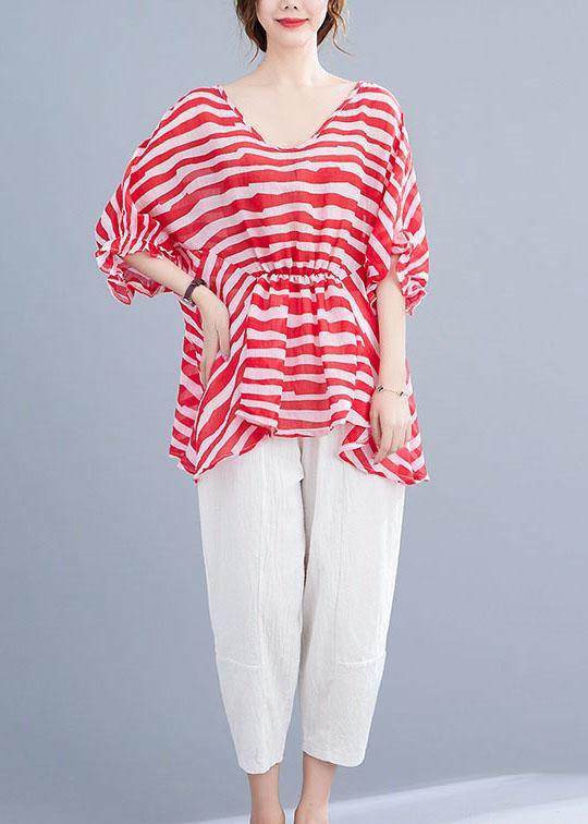 Red Print Wrinkled Summer Half Sleeve Shirt Top