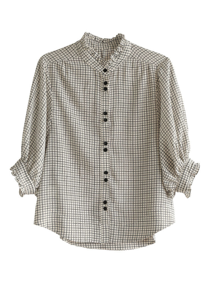Black White Plaid Ruffled Button Shirt Top Bracelet Sleeve