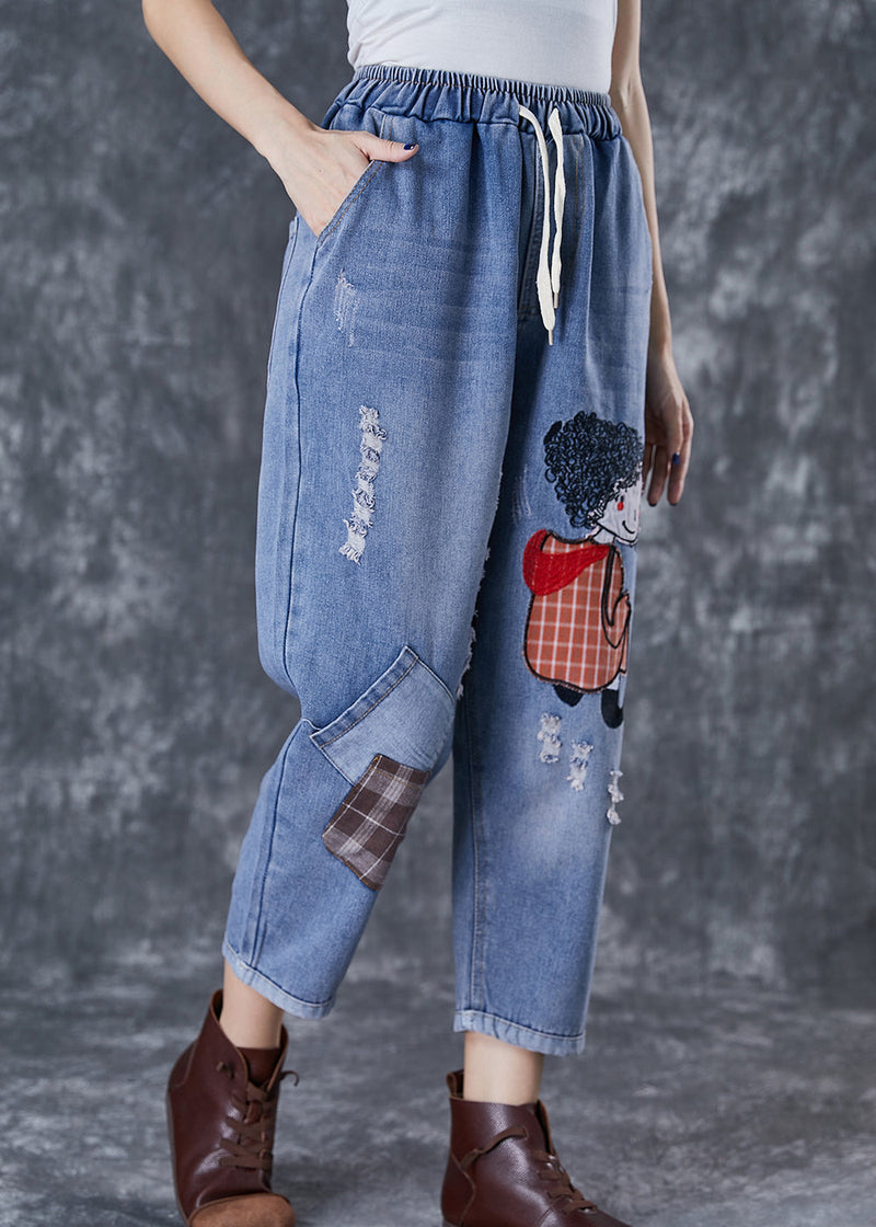 Unique Blue Patchwork Cartoon Girl Denim Ripped Jeans Fall
