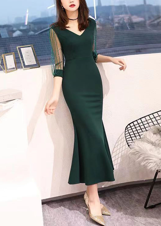 Blackish Green V Neck Nail Bead Tulle Long Dresses Bracelet Sleeve
