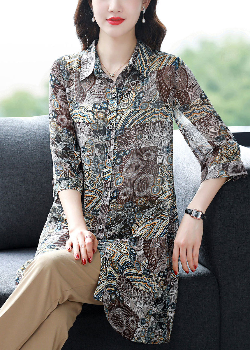 Button Peter Pan Collar Print Chiffon Blouse Tops Three Quarter Sleeve
