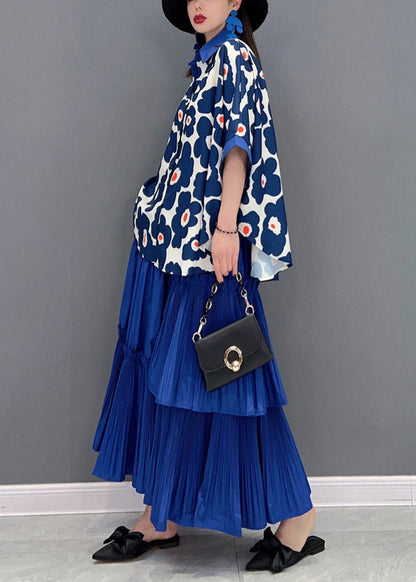 Italian Blue Peter Pan Collar Ruffled Patchwork Print Chiffon Shirts and Skirts Two Pieces Short Sleeve