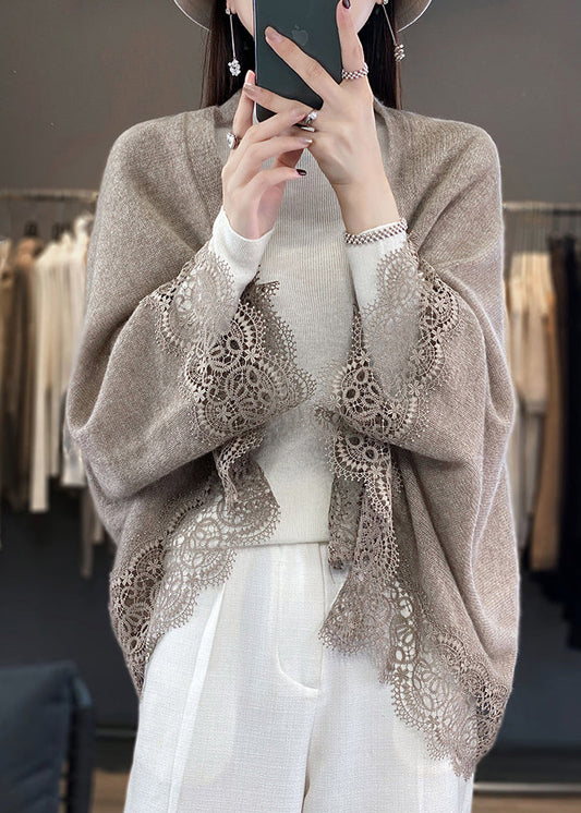 Camel V Neck Hollow Out Lace Woolen Cardigans Batwing Sleeve