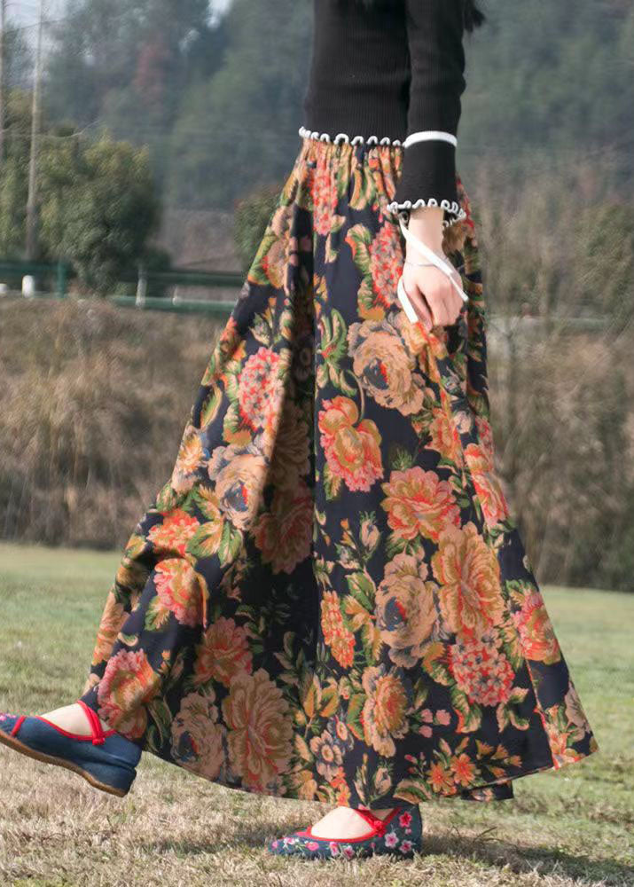 Print Wrinkled Elastic Waist Maxi Skirt