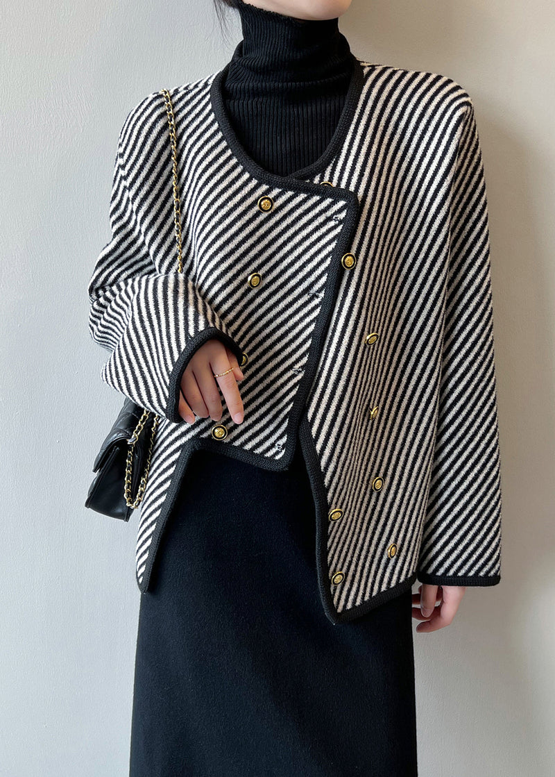 Italian Asymmetrical Striped Double Breast Cotton Coats Fall