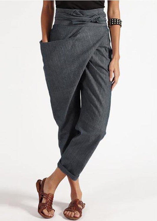 Handmade Grey Asymmetrical Design High Waist Cotton Harem Summer Pants