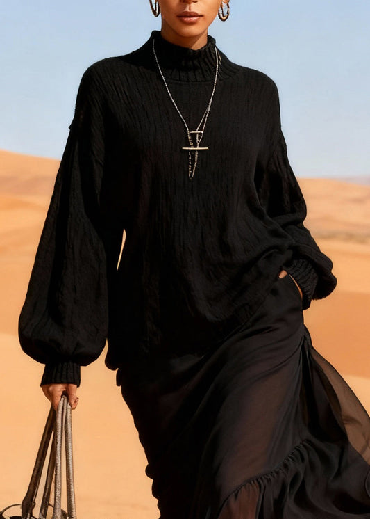 Black Cotton Knit Patchwork Chiffon Maxi Dresses Lantern Sleeve