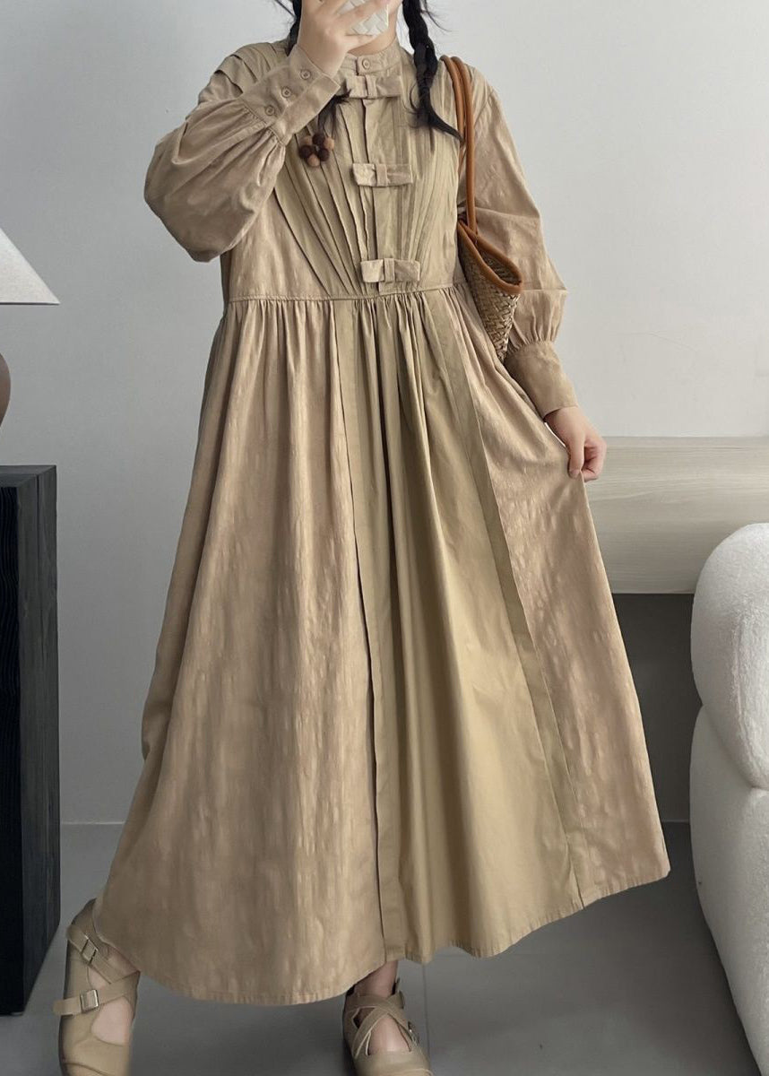 Khaki Pockets Cotton Dresses Stand Collar Spring