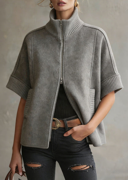Grey Zip Up Patchwork Woolen Coats Short Sleeve