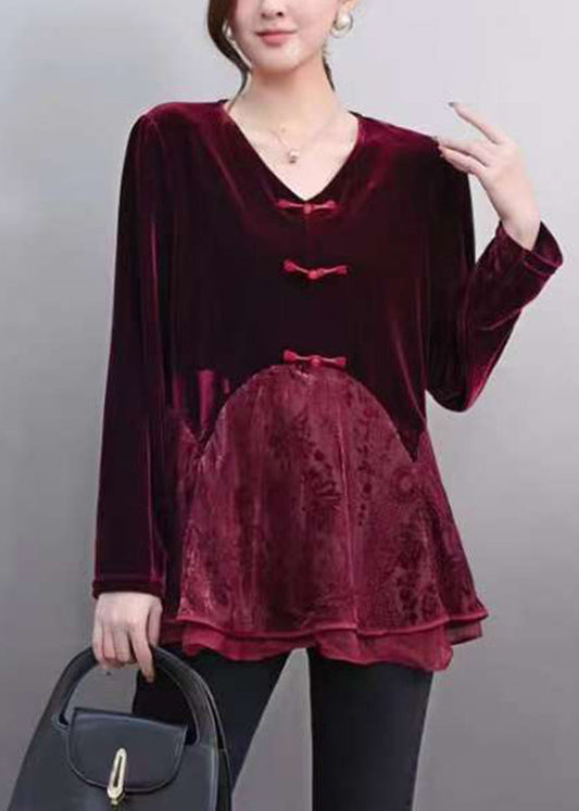 Red V Neck Lace Patchwork Silk Velour Top Spring