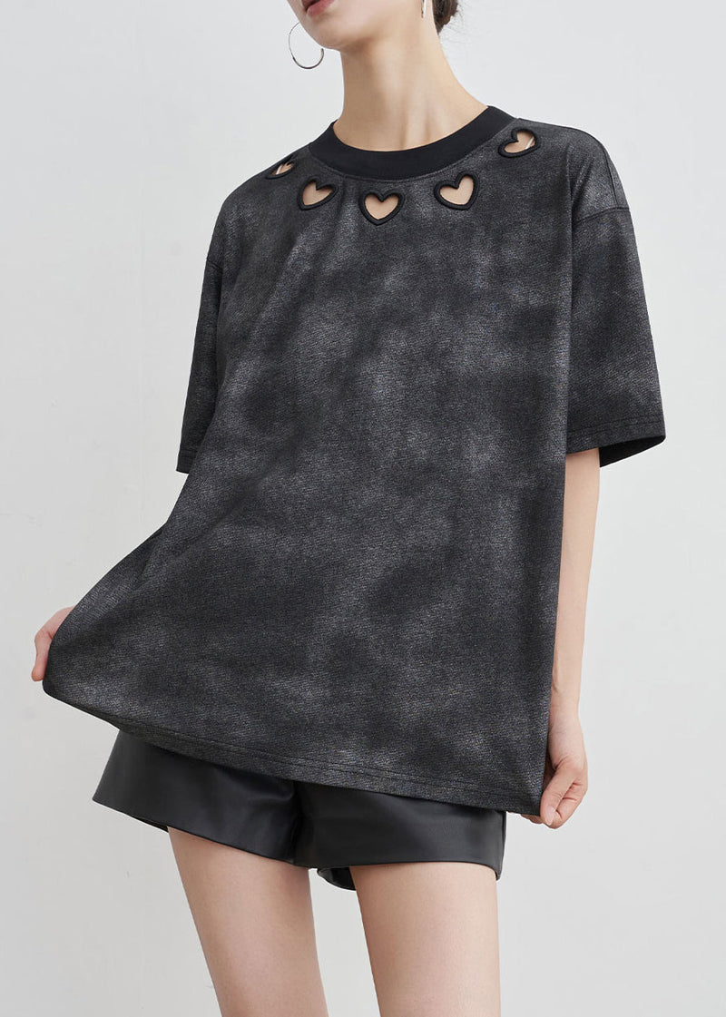 Black O Neck Hollow Out Cotton T Shirt Summer