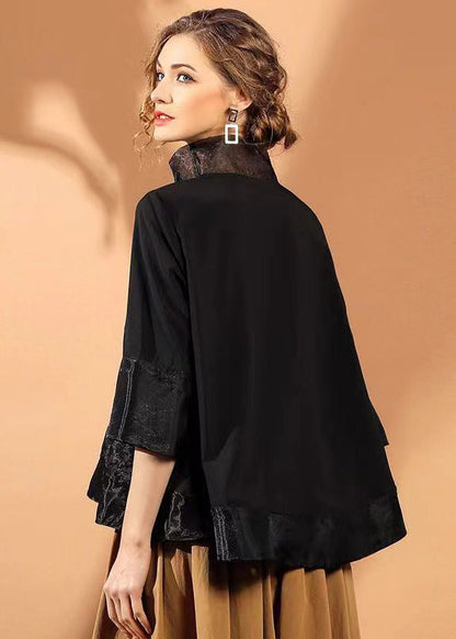 Black Stand Collar Embroidered Organza Blouse Top Spring