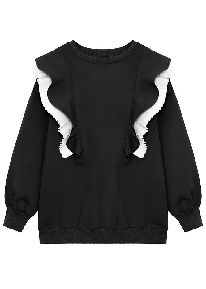 Khaki O-neck Retro Ruffled Patchwork Fall Sweatshirt Street Wear