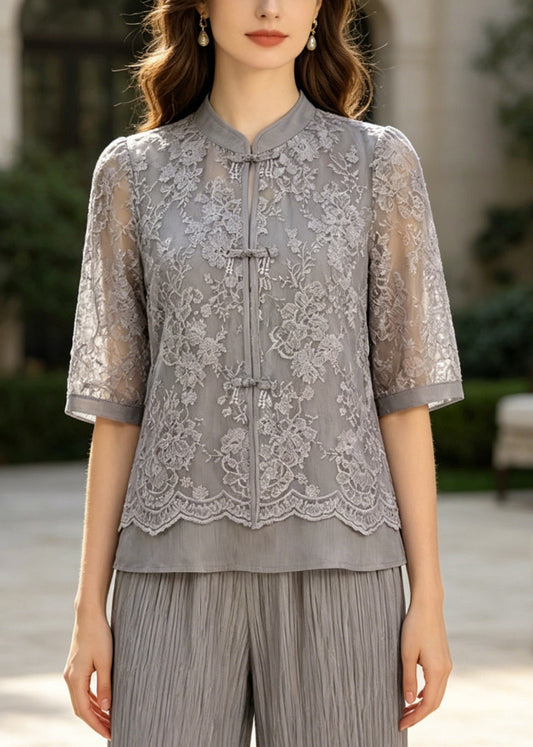 Art Grey Mandarin Collar Patchwork Lace Two Piece Set Outfits Summer