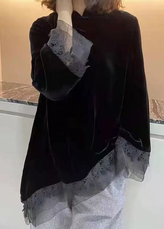 Black Stand Collar Asymmetrical Patchwork Velour Shirt Fall