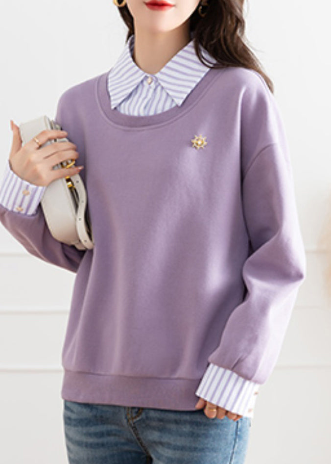 Purple Patchwork False Two Pieces Cotton Top Fall