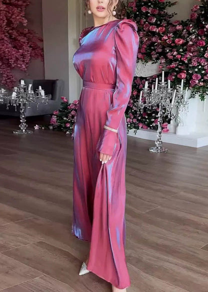 Purple O Neck Silk Maxi Dress Spring