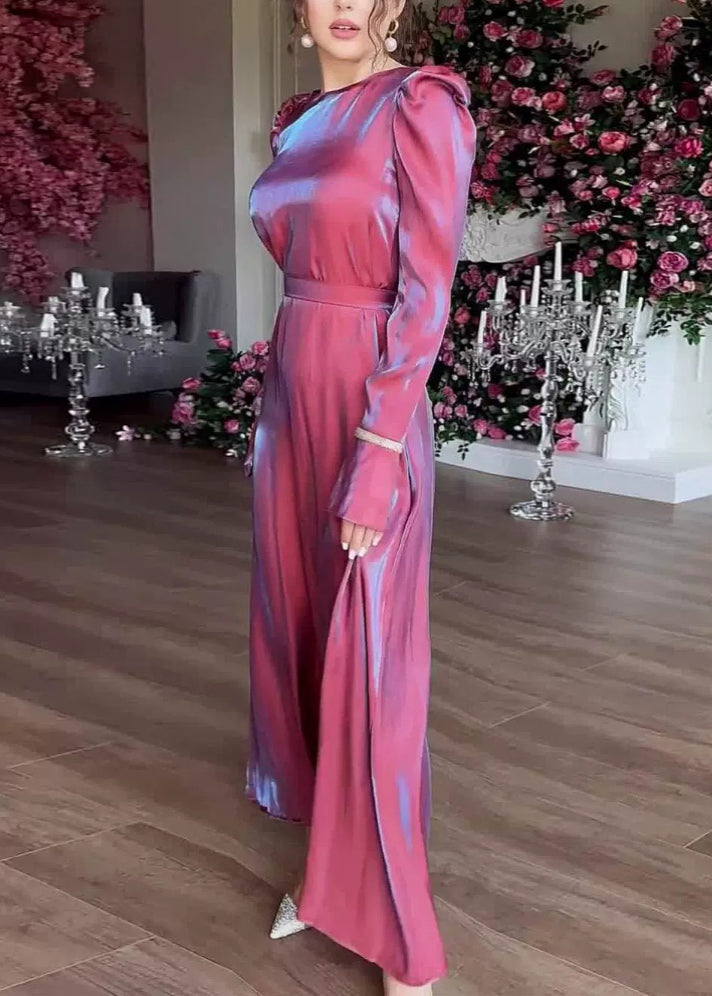 Purple O Neck Silk Maxi Dress Spring
