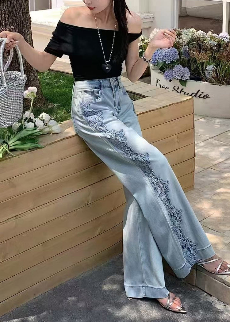 Blue Hollow Out Patchwork Lace Denim Straight Pants Fall