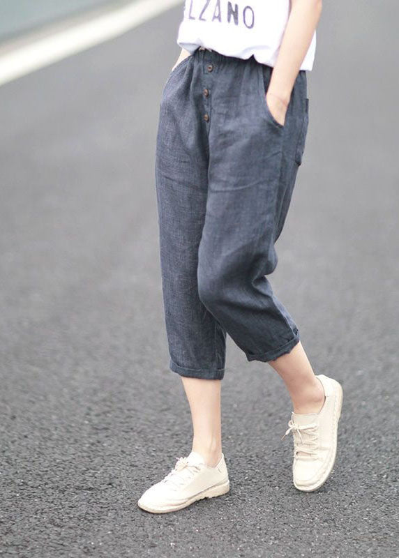 Denim Blue Pockets Patchwork Linen Crop Pants Summer