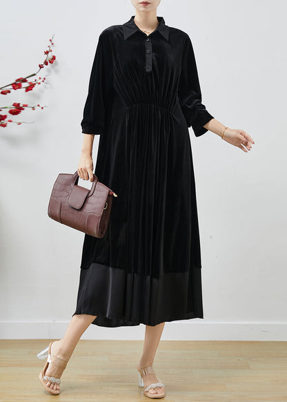 Black Peter Pan Collar Patchwork Silk Velvet Dresses Fall