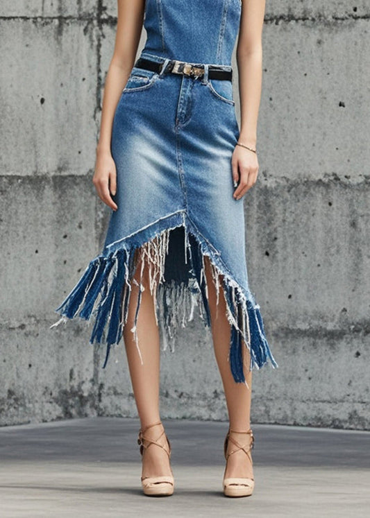 Blue Asymmetrical Tasseled Denim Skirts Summer