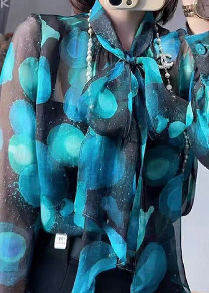 Blue Bow Print Patchwork Chiffon Blouse Tops Fall
