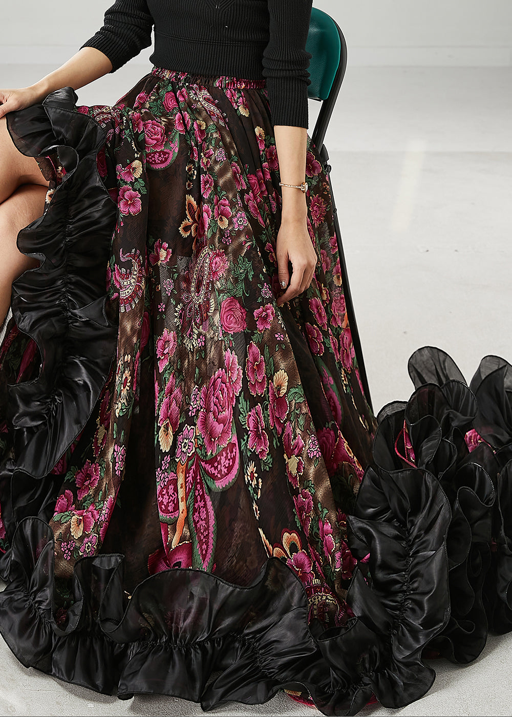 Brown Ruffled Print Exra Large Hem Chiffon Skirts Spring