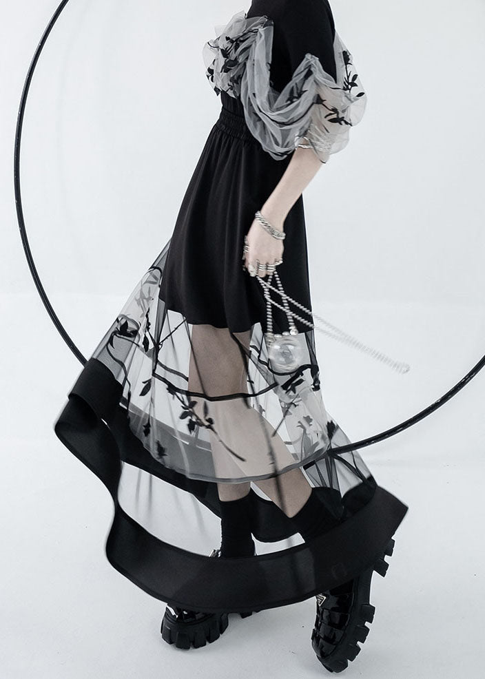 Black Elastic Waist Hollow Out Tulle Patchwork Cotton a Line Skirts Summer