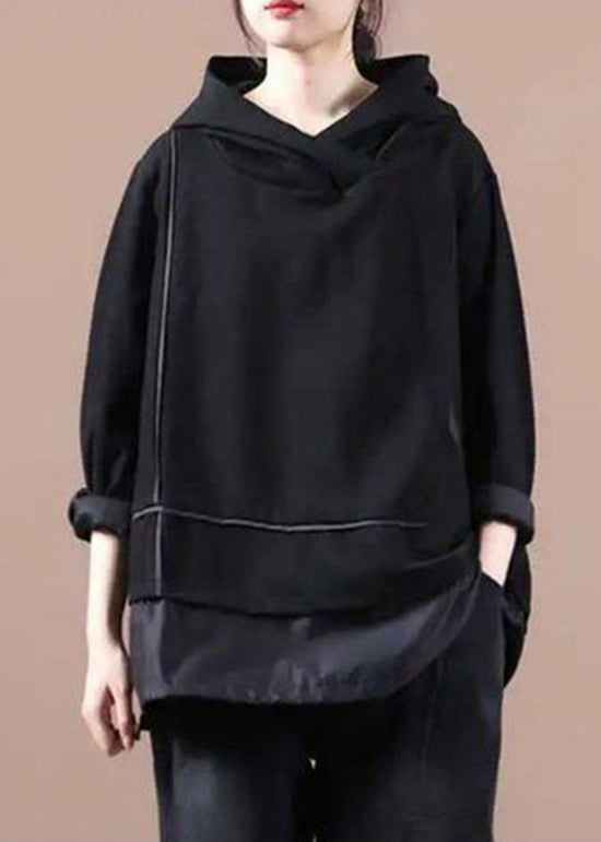 Black Striped Hooded Patchwork Warm Fleece Pullover Sweatshirt Winter