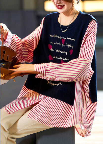 Navy Striped Patchwork False Two Pieces Cotton Blouse Long Sleeve