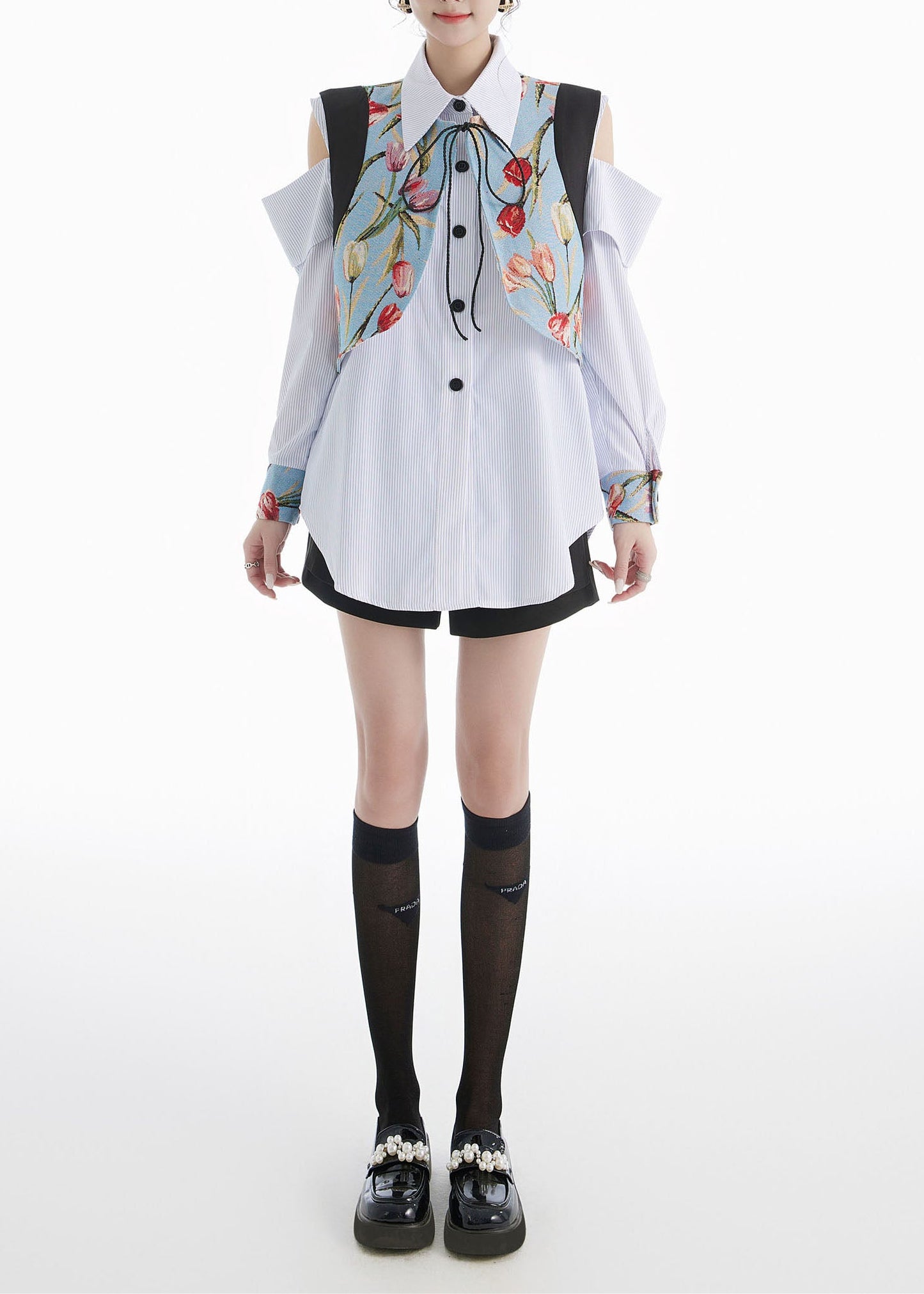 Blue Peter Pan Collar Striped Shirts and Vest Cotton Two Pieces Set Spring