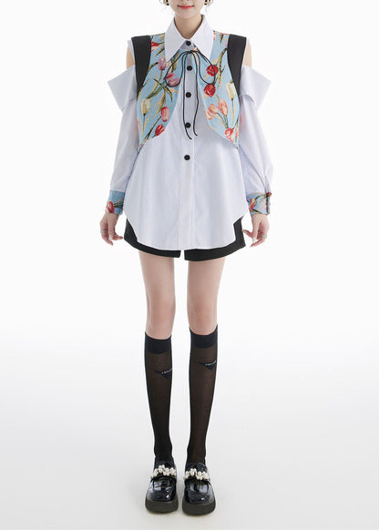 Blue Peter Pan Collar Striped Shirts and Vest Cotton Two Pieces Set Spring