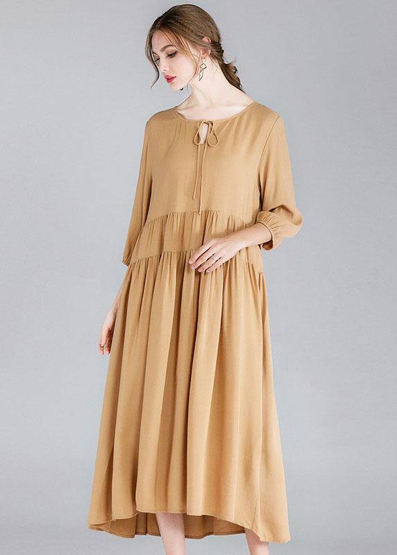 Organic Khaki Drawstring Low High Design Spring Holiday Dress Three Quarter Sleeve